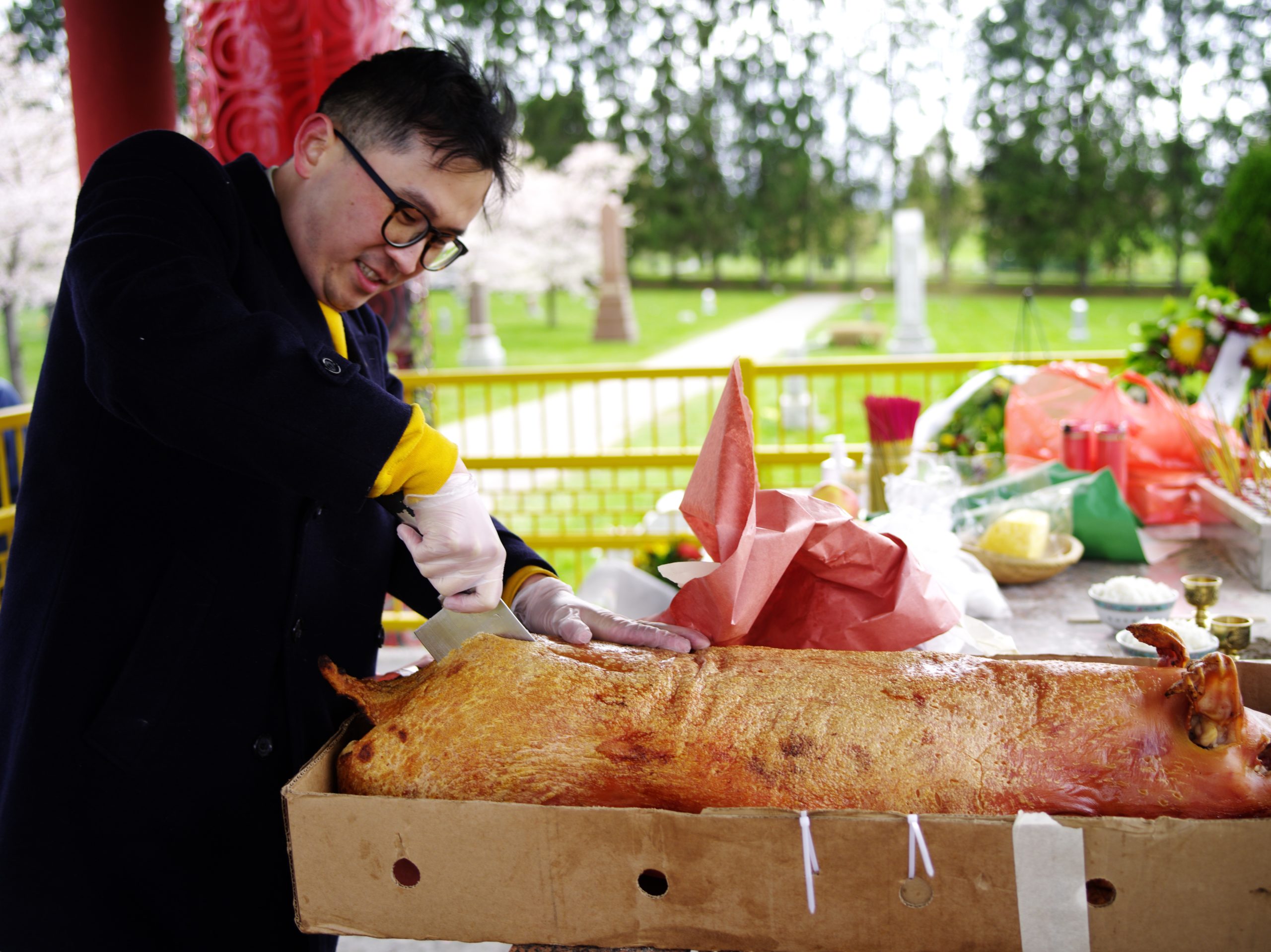 Image Description: A person stands on the left side of the photograph facing the Chinese Pavilion Altar. They have short, dark hair and dark glasses on. Their ears and lips are colored from the cold. Bright sleeves peek out beyond the cuffs of their heavy, dark winter jacket. With a large butchering knife in their right hand, they are cutting into a cooked roast pig. Desserts, rice, fruit, incense, and flowers are blurred out in the back of the photograph.