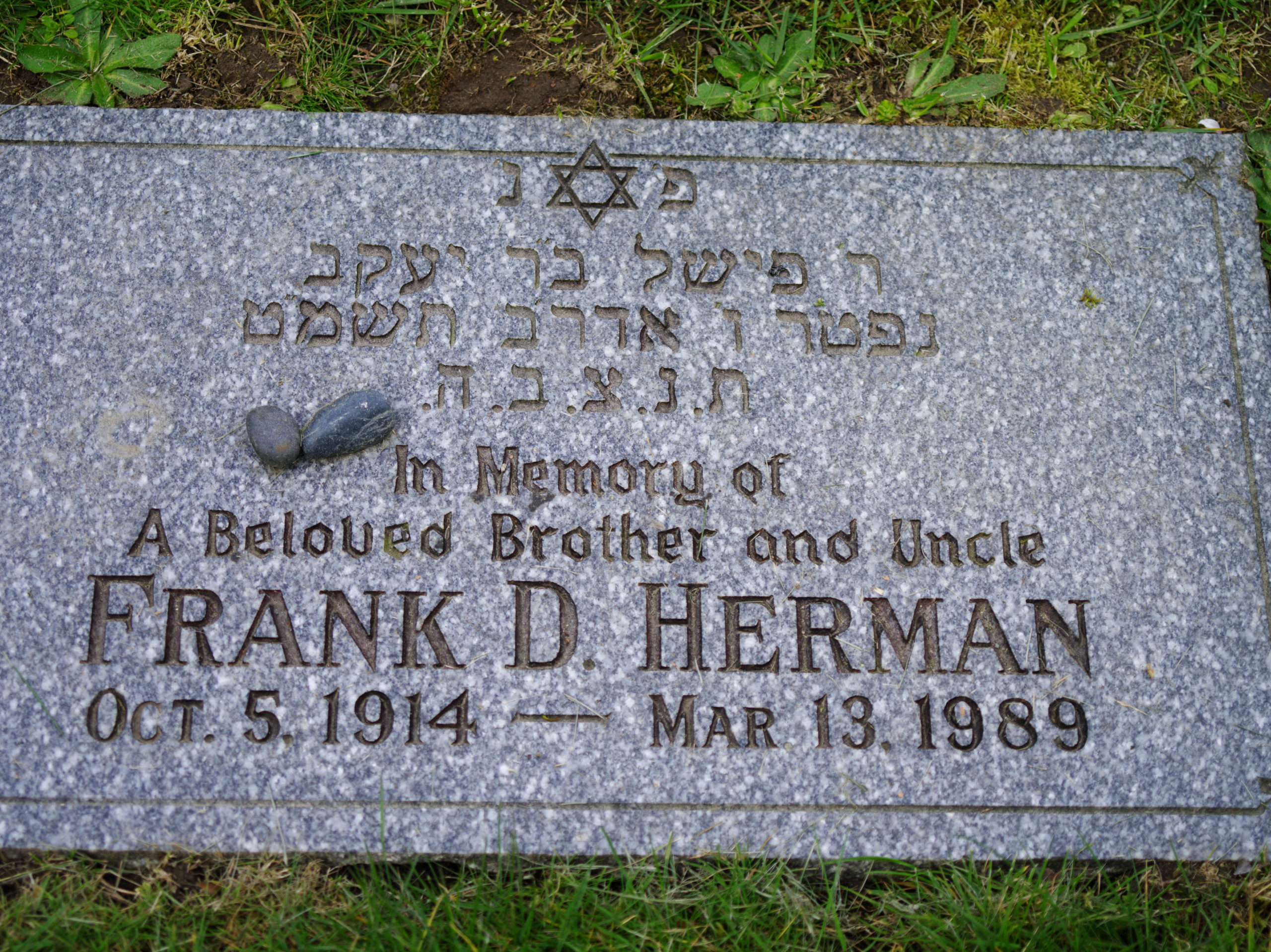 Image Description: Flat granite gravestone surrounded by grass. A thin border is carved around the edge of the gravestone making a frame. At the top is a six pointed star, also called a Star of David. There are two stones placed on the left side of the inscription, written in Hebrew and English. The written english text reads: In Memory of A Beloved Brother and Uncle FRANK D. HERMAN OCT.5.1914 - MAR 13.1989